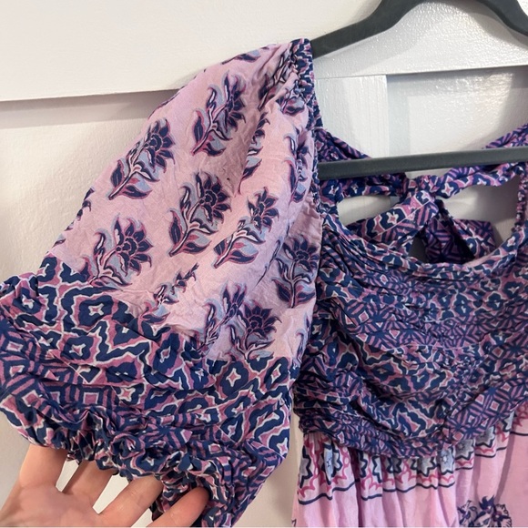 CELINA MOON Gardenia block print puff sleeve Geometric Pink and Purple Dress - Picture 2 of 5